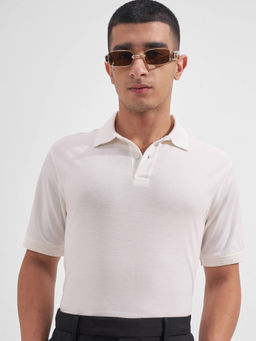 HIGHLANDER - White Solid Cotton Blend Regular Fit Polo T-Shirt