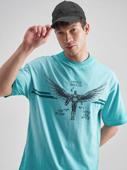 HIGHLANDER - Blue Graphic Cotton Oversized Fit T-Shirt