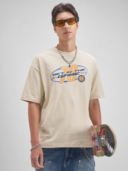 HIGHLANDER - Beige Graphic Cotton Oversized Fit T-Shirt