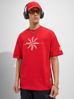 HIGHLANDER - Red Graphic Cotton Oversized Fit T-Shirt