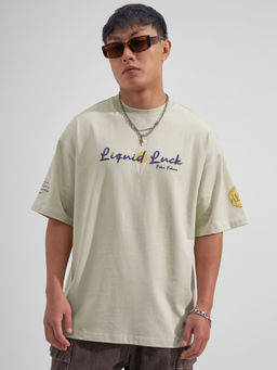 HIGHLANDER - Beige Typography Cotton Oversized Fit T-Shirt