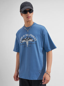 HIGHLANDER - Blue Graphic Cotton Oversized Fit T-Shirt