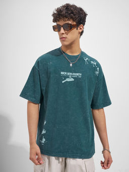 HIGHLANDER - Green Graphic Cotton Oversized Fit T-Shirt
