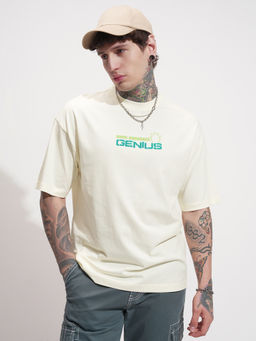 HIGHLANDER - Beige Typography Cotton Oversized Fit T-Shirt