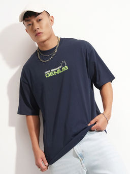 HIGHLANDER - Navy Blue Graphic Cotton Oversized Fit T-Shirt