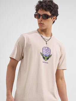 HIGHLANDER - Beige Graphic Cotton Regular Fit T-Shirt