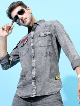 LOCOMOTIVE - Grey Solid Cotton Slim Fit Shirt