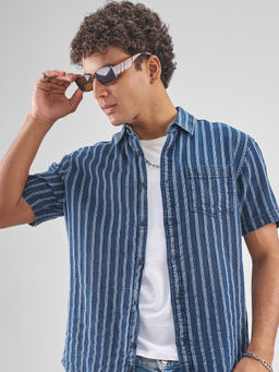LOCOMOTIVE - Blue Stripes Cotton Relaxed Fit Shirt