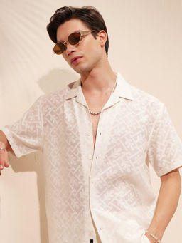 LOCOMOTIVE - White Self Design Viscose Rayon Relaxed Fit Shirt