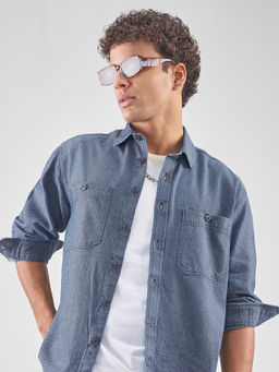 LOCOMOTIVE - Navy Blue Solid Cotton Blend Oversized Fit Shirt