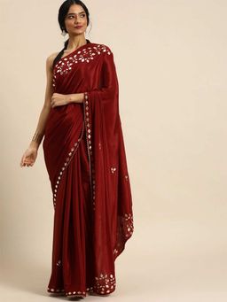 Odette - Womens Maroon Elegant Satin Saree with Unstitched Blouse