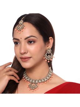 Yellow Chimes - Gold-Plated Peach and White Beads Beaded Jewellery Set