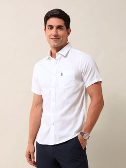 U.S. POLO ASSN. - Solid/Plain White Full Sleeves Collar Neck Shirt