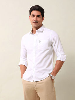 U.S. POLO ASSN. - Solid/Plain White Full Sleeves Collar Neck Shirt