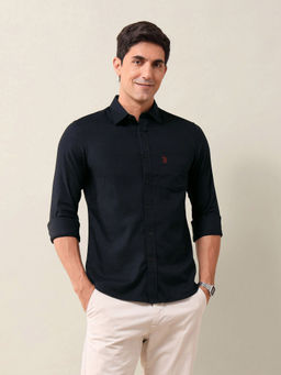 U.S. POLO ASSN. - Solid/Plain Blue Full Sleeves Collar Neck Shirt