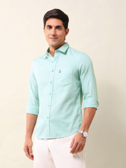 U.S. POLO ASSN. - Solid/Plain Green Full Sleeves Collar Neck Shirt