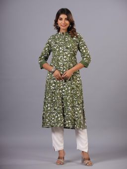 Amchoor - Womens Green Floral Print Princess Cut Kurta