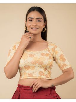 BINDIGASM'S ADVI - Aarohi Metallic Gold Floral Print Zari Sweetheart Neck Stretchable Blouse