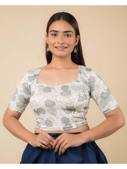 BINDIGASM'S ADVI - Aarohi Metallic Grey Floral Print Zari Round Neck Stretchable Blouse