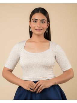 BINDIGASM'S ADVI - Aarohi Metallic White Floral Print Zari Round Neck Stretchable Blouse