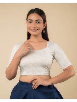 BINDIGASM'S ADVI - Aarohi Metallic Silver Floral Print Zari Sweetheart Neck Stretchable Blouse