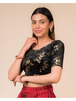 BINDIGASM'S ADVI - Black Shabri Velvet Metallic Floral Potli Detail Stretchable Blouse