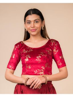 BINDIGASM'S ADVI - Red Shabri Velvet Metallic Floral Potli Detail Stretchable Blouse
