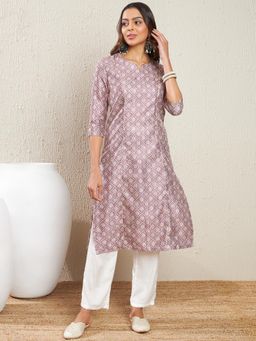 ADORNIA - Women Mauve Floral Printed Kurta with Pant (Set of 2)