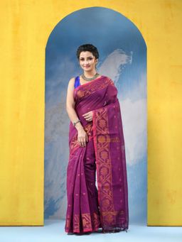 DESH BIDESH - Womens Pink Flower Copper Work Cotton Handloom Cotton Silk Saree with Blouse Piece