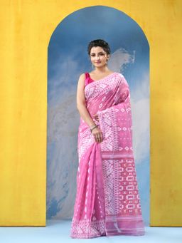 DESH BIDESH - Womens Pink Resham Dhakai Jamdani Cotton Handloom Saree without Blouse Piece