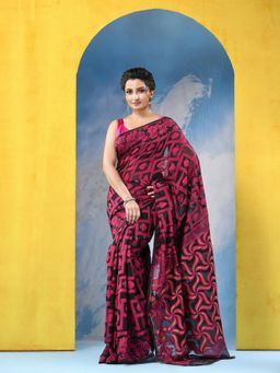 DESH BIDESH - Womens Black Resham Dhakai Playing Card Design Handloom Saree without Blouse Piece