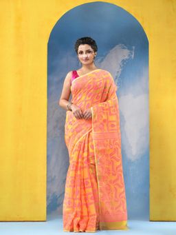DESH BIDESH - Womens Yellow Resham Dhakai Playing Card Design Handloom Saree without Blouse Piece