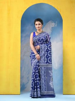DESH BIDESH - Womens Blue Rose Design Resham Dhakai Jamdani Cotton Handloom Saree without Blouse Piece