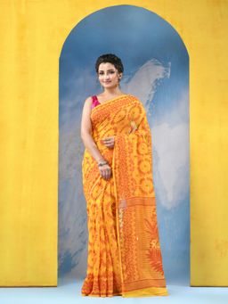 DESH BIDESH - Womens Yellow Rose Design Resham Dhakai Jamdani Handloom Saree without Blouse Piece