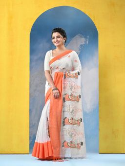 DESH BIDESH - Womens Traditional Bengal Handloom Sakuntala Orange Cotton Saree with Blouse Piece