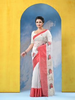 DESH BIDESH - Womens Traditional Bengal Handloom Sakuntala Red Cotton Saree with Blouse Piece