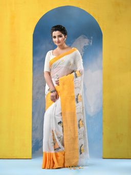 DESH BIDESH - Womens Traditional Bengal Handloom Sakuntala Yellow Cotton Saree with Blouse Piece