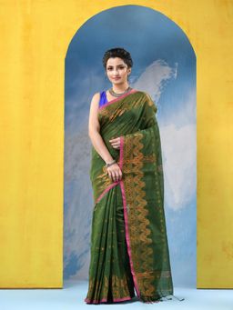 DESH BIDESH - Womens Green Sorno Mukut Copper Work Cotton Handloom Silk Saree with Blouse Piece