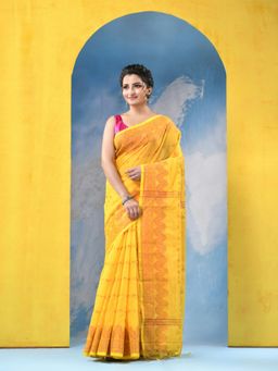 DESH BIDESH - Womens Yellow Sorno Mukut Copper Work Cotton Handloom Silk Saree with Blouse Piece