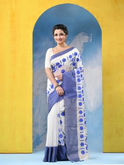 DESH BIDESH - Womens Traditional Bengal Handloom Star Blue Cotton Saree with Blouse Piece