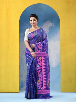 DESH BIDESH - Womens Resham Dhakai Handloom Sunflower Blue Jamdani Saree without Blouse Piece