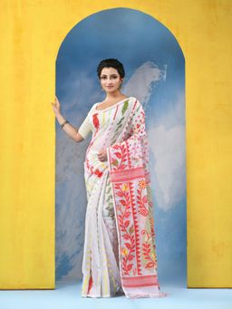 DESH BIDESH - Womens Resham Dhakai Handloom Sunflower White Jamdani Saree without Blouse Piece
