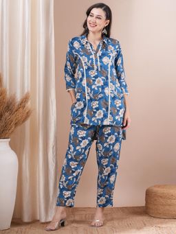 FASHOR - Abstract Floral Printed A-Line Fit Co-Ord - Blue (Set of 2)