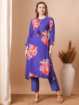 FASHOR - Abstract Floral Printed & Embroidered A-Line Kurta with Pant - Blue (Set of 2)
