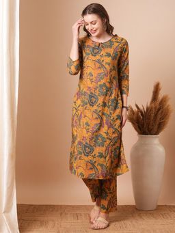 FASHOR - Ethnic Floral Printed Kurta with Pant - Yellow (Set of 2)