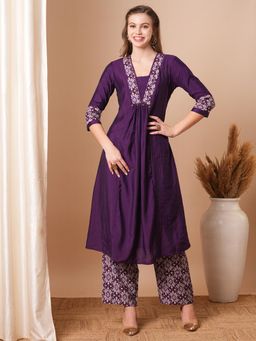 FASHOR - Ethnic Printed A-Line Pleated Kurta with Palazzo - Purple (Set of 2)
