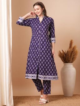FASHOR - Ethnic Printed A-Line Kurta with Pant - Purple (Set of 2)