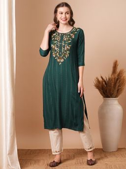 FASHOR - Floral Embroidered Kurta with Pant - Green (Set of 2)
