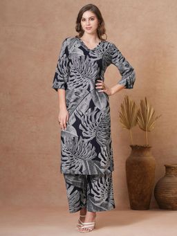 FASHOR - Abstract Floral Printed Kurta with Palazzo - Navy Blue (Set of 2)