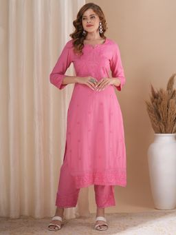 FASHOR - Floral Sequin & Thread Work Embroidered Kurta with Pant - Pink (Set of 2)